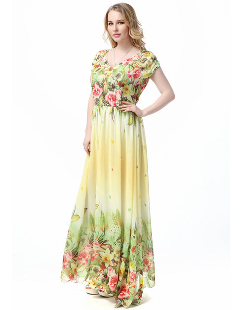 Chiffon Short-Sleeved Swing Dress with flowers Print